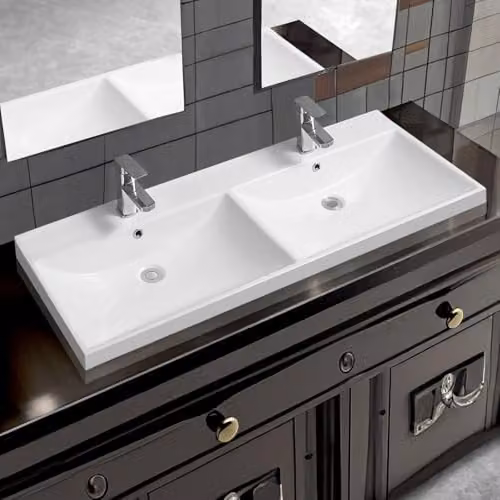 Limoge 5409 White Ceramic Double Inset Bathroom Basin with Dual Scooped Bowls, Rectangular Top-Mount Design, W: 120 cm, D: 27 cm, H: 16.5 cm