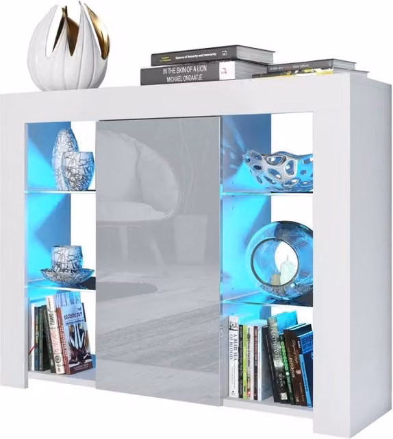 PAWNORA Modern White Sideboard Display Cabinet with Glass Doors and Integrated Lighting – 1