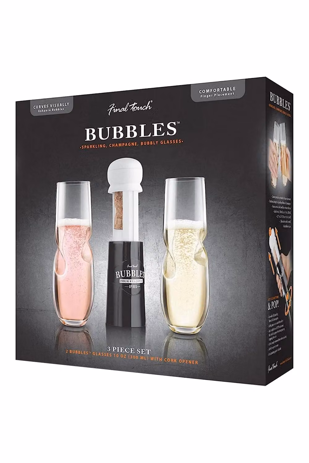 Final Touch Bubbles 3 Piece Champagne Flute and Opener Set, Transparent, 300 ml – 4