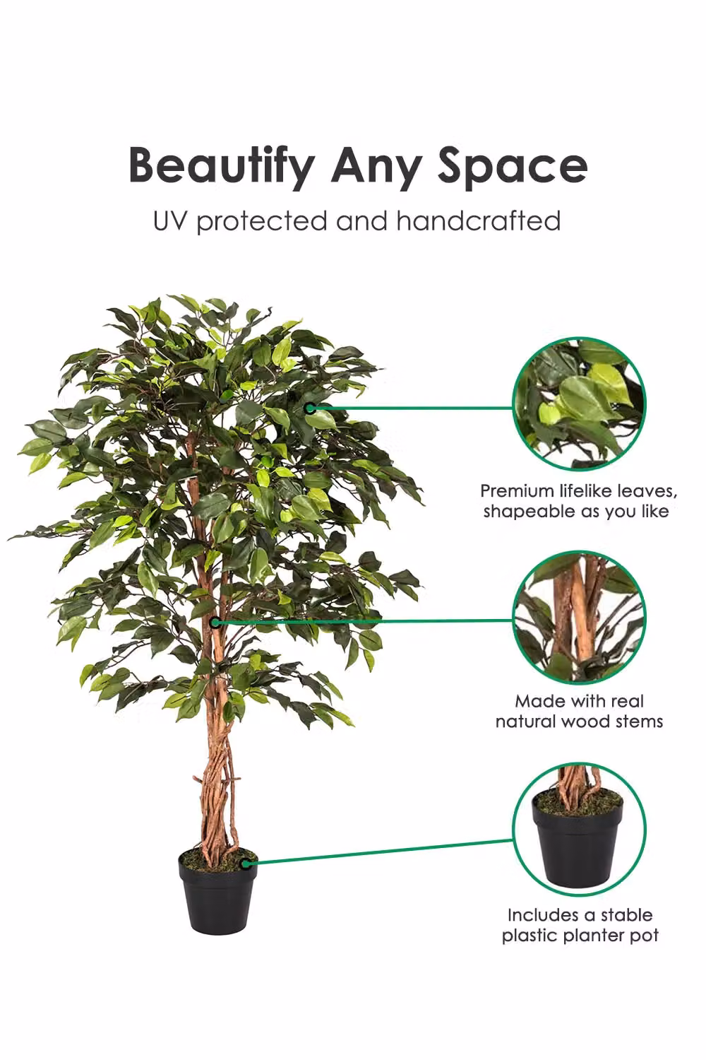Homescapes Green Ficus Artificial Tree with Real Wood Stem and Black Pot, Height: 121.92 cm – 2