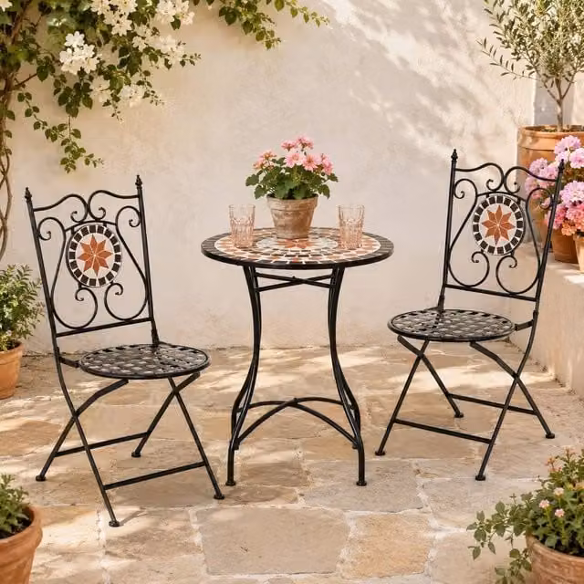 STILVORA Garden Bistro Set with Folding Chairs in Matt Black Metal – 1