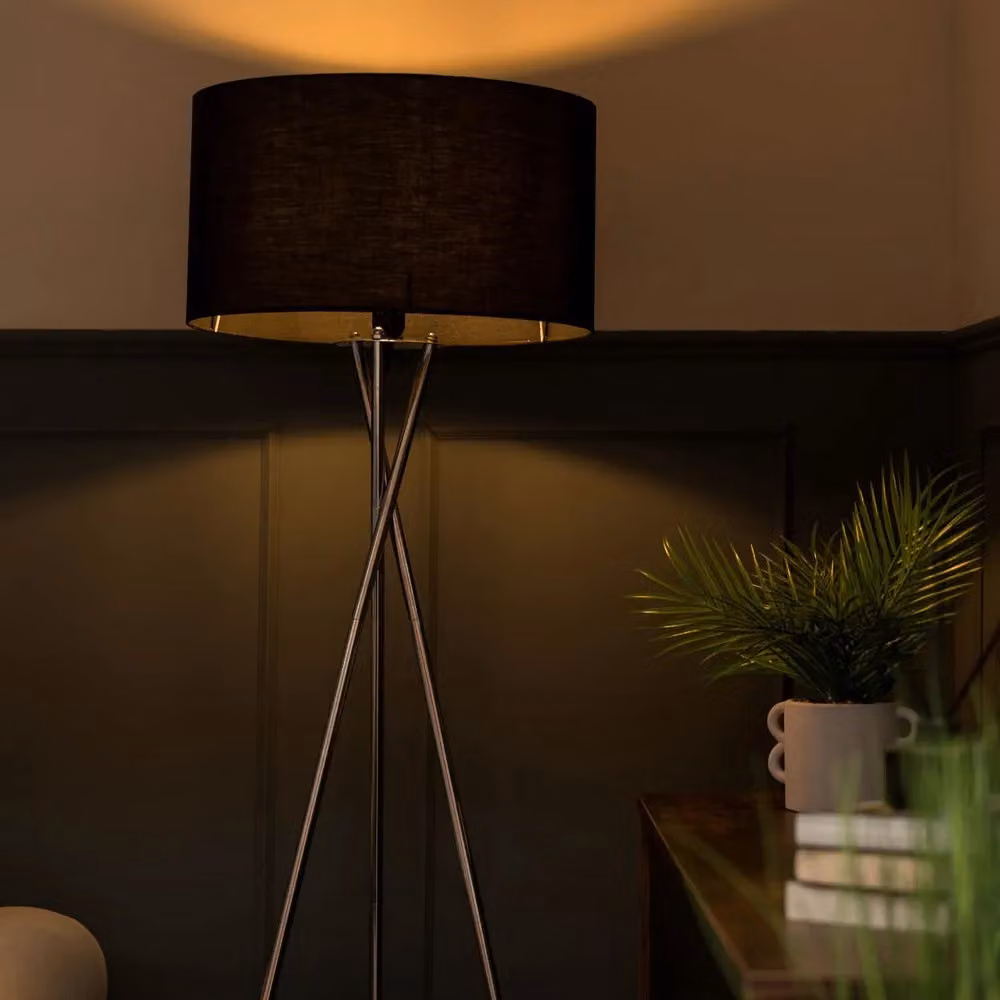 ValueLights MiniSun Modern Brushed Chrome Metal Tripod Floor Lamp with Black Fabric Drum Shade – 4