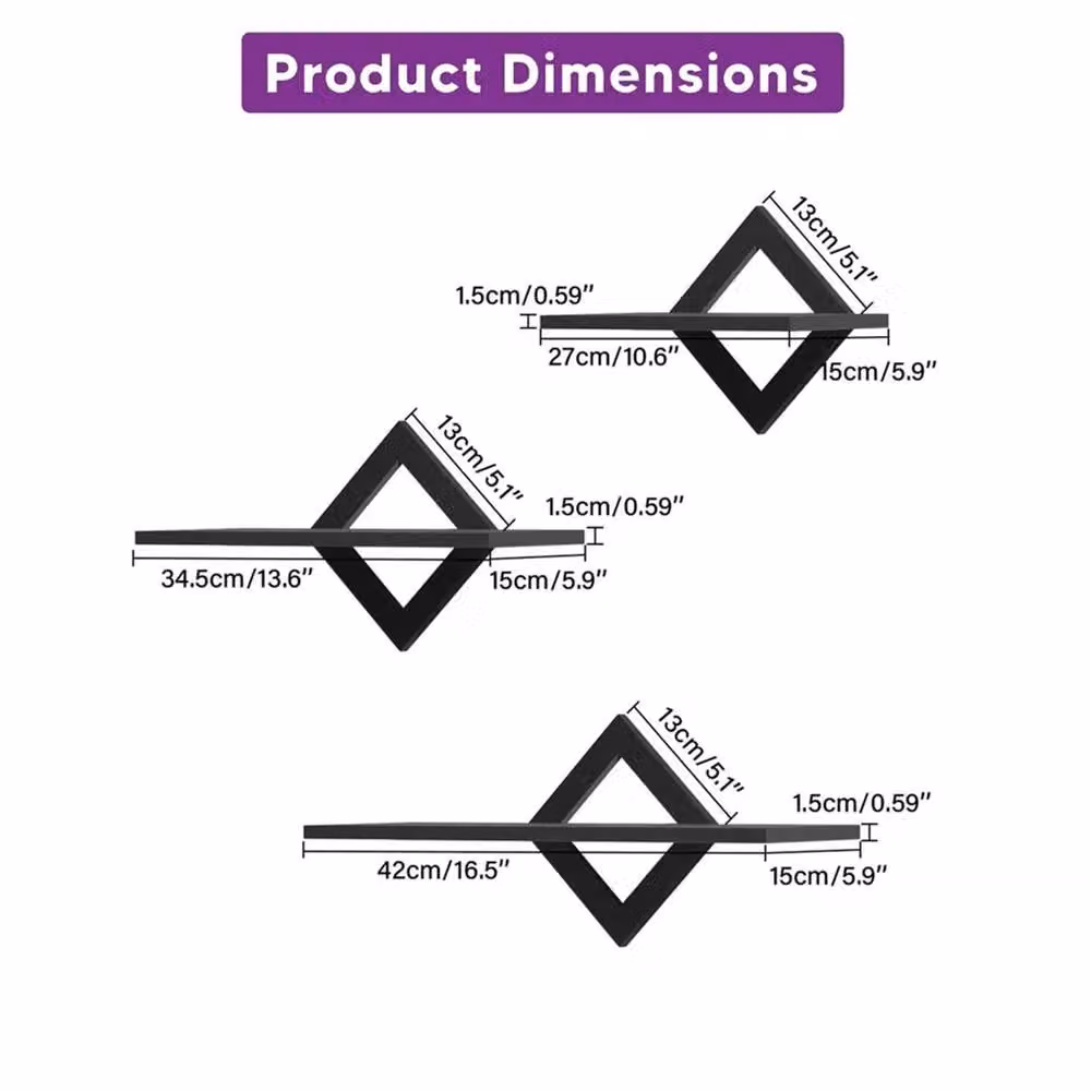 Nordara Black Rhombic Geometric Floating Wall Shelves Set, W/D/H: 24 x 24 x 27 cm – 2