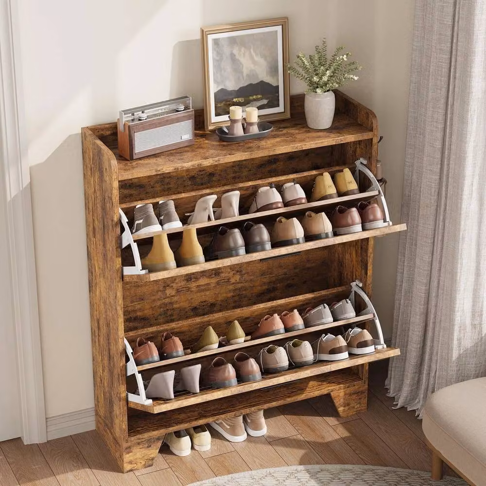 VOGREX Wooden Freestanding Shoe Storage Cabinet with Hinged Doors in Brown – 3