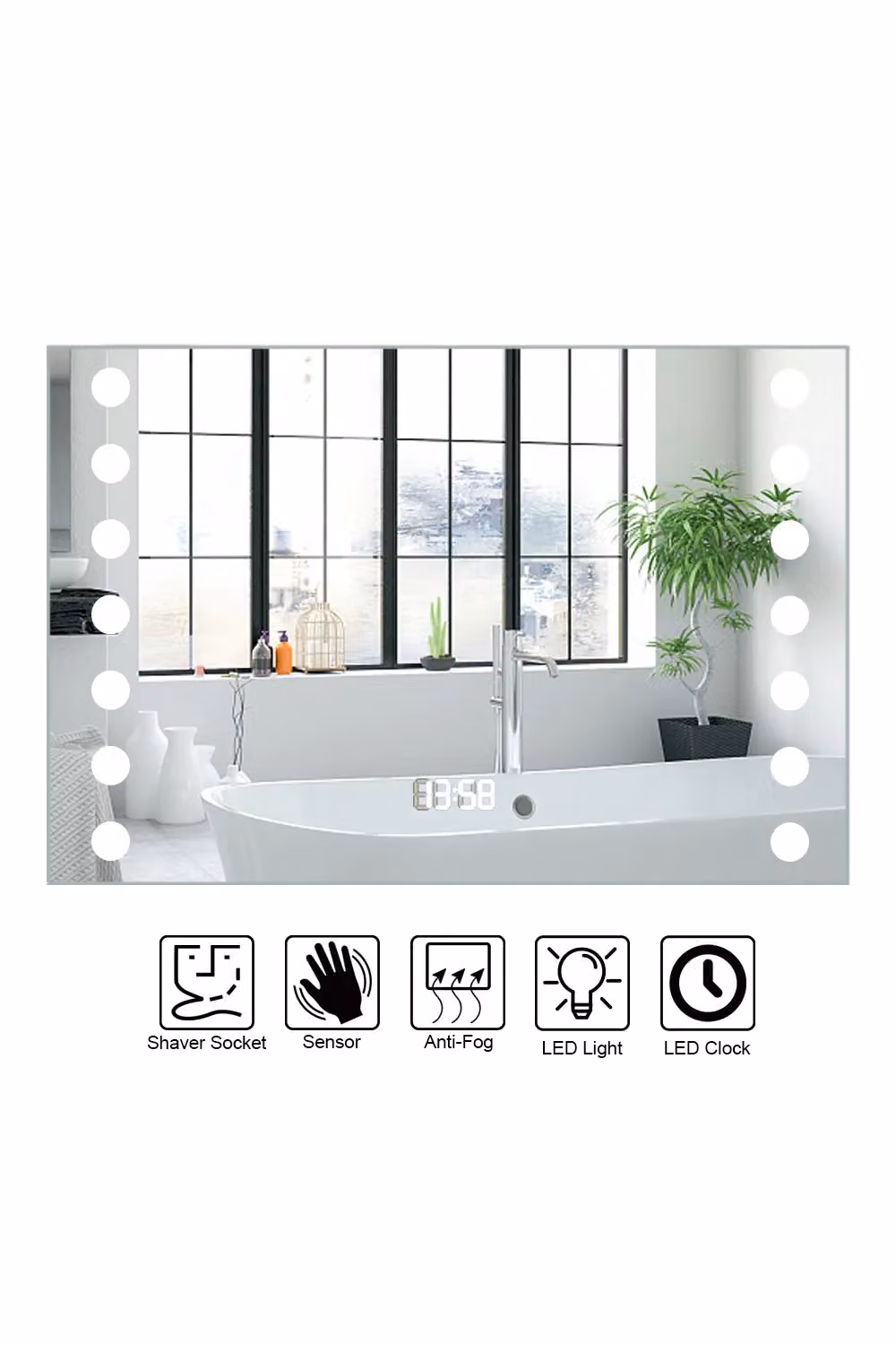Living and Home Modern Rectangular Wall Mounted Bathroom Mirror with LED Light, Anti-Fog Feature, Sensor Touch Switch and Clock in Silver – 2