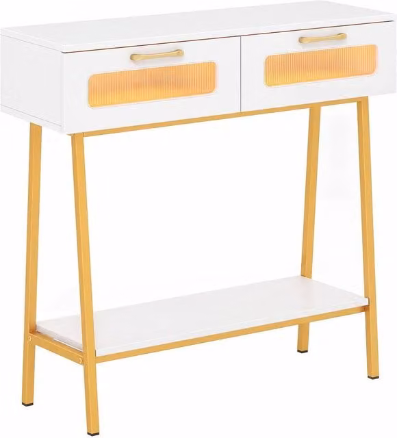 Gymax White Farmhouse Console Table with Colourful LED Lights and Rustic Wood Finish – 1