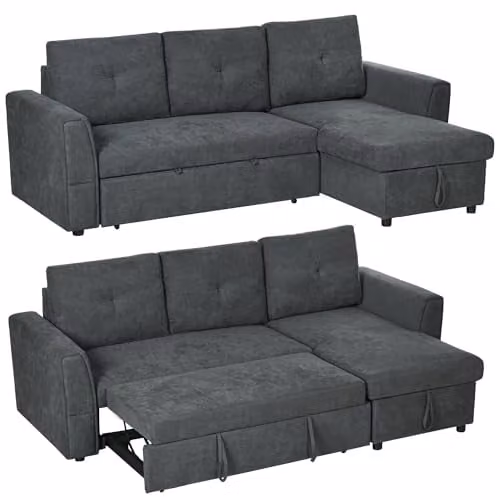 HOMCOM L-Shaped 3 Seater Pull Out Sofa Bed with Storage in Grey – 1
