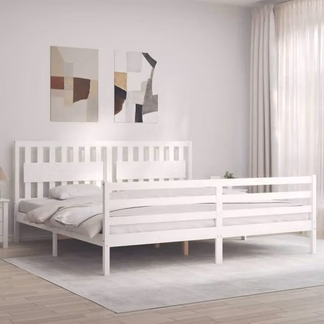 Berkfield Home Beautiful Solid Wood Bed Frame with Headboard in White, W/D/H: 200 x 200 x 205.5 cm – 1