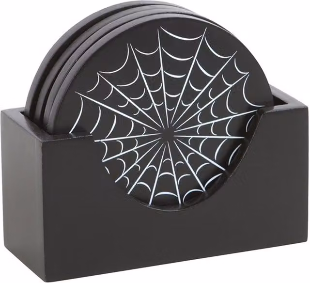 KDMK Gothic Spiderweb Round Coaster Set with Holder, Black