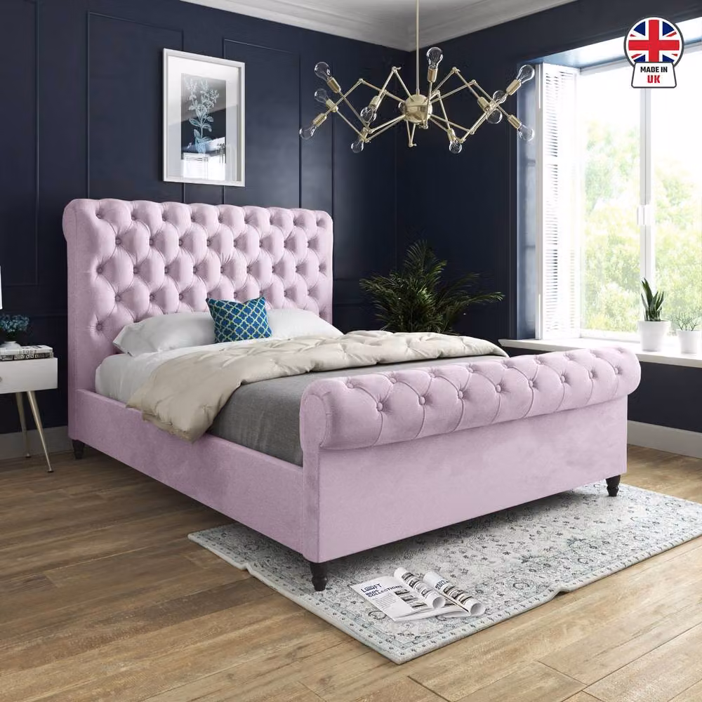 KDMD Welshampton Sleigh Upholstered Designer Bed Frame in Pink Soft Velvet, Size: Single (90 x 200 cm) – 3
