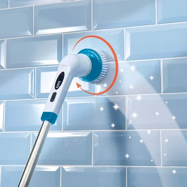 Clarsen Cordless Multi Function Spin Scrubber with 3 Brush Heads and Extension Pole, White and Multicolour – 1