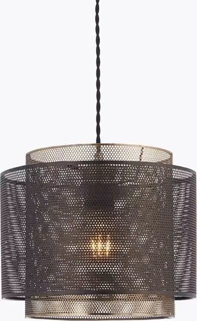 Endon Plexus Cylindrical Pendant Light in Matt Black and Antique Brass Mesh, Diameter: 34 cm