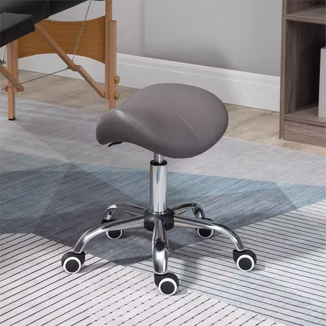 EONLION Grey Hydraulic Rolling Saddle Stool with Synthetic Leather and Metal Frame