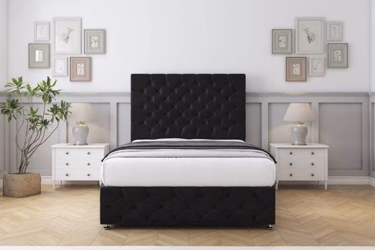 Sloomy Watson Plush Divan Set in Black, Small Double, with 26 inch Headboard and 12 inch Footboard