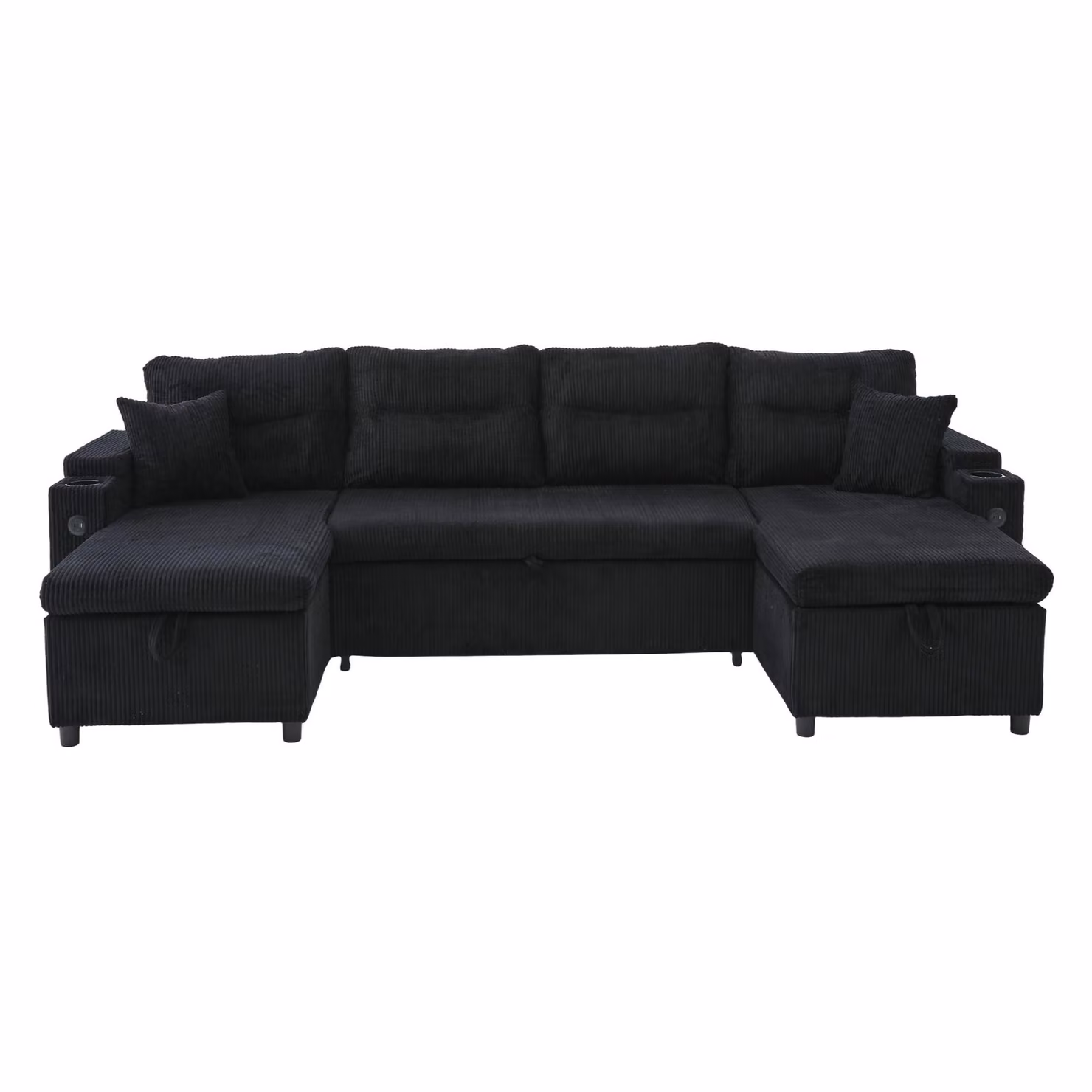 Aosom UK Contemporary 4-Seater U-Shaped Sofa with 2 Chaise Longues in Black Ribbed Corduroy featuring Built-in Cup Holders, USB Charging and Sleeping Function, W: 272 cm, D: 136 cm, H: 86 cm – 2