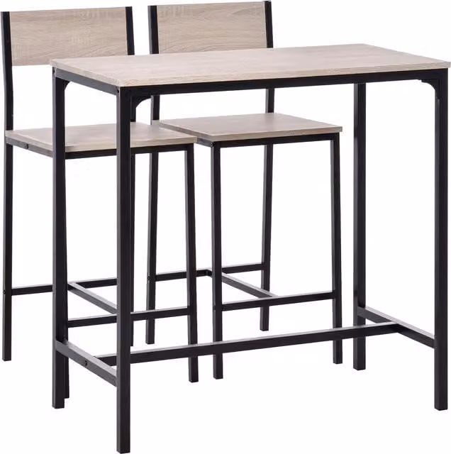 HOMCOM Set of 3 Industrial Style Table Stools with Black Metal Frame and Oak Tone MDF Panels