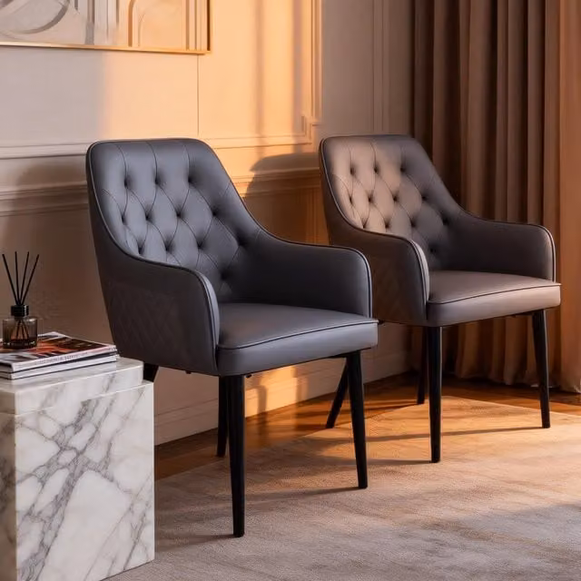Furniture One Set of 2 Modern Grey PVC Leather Dining Chairs with Metal Legs