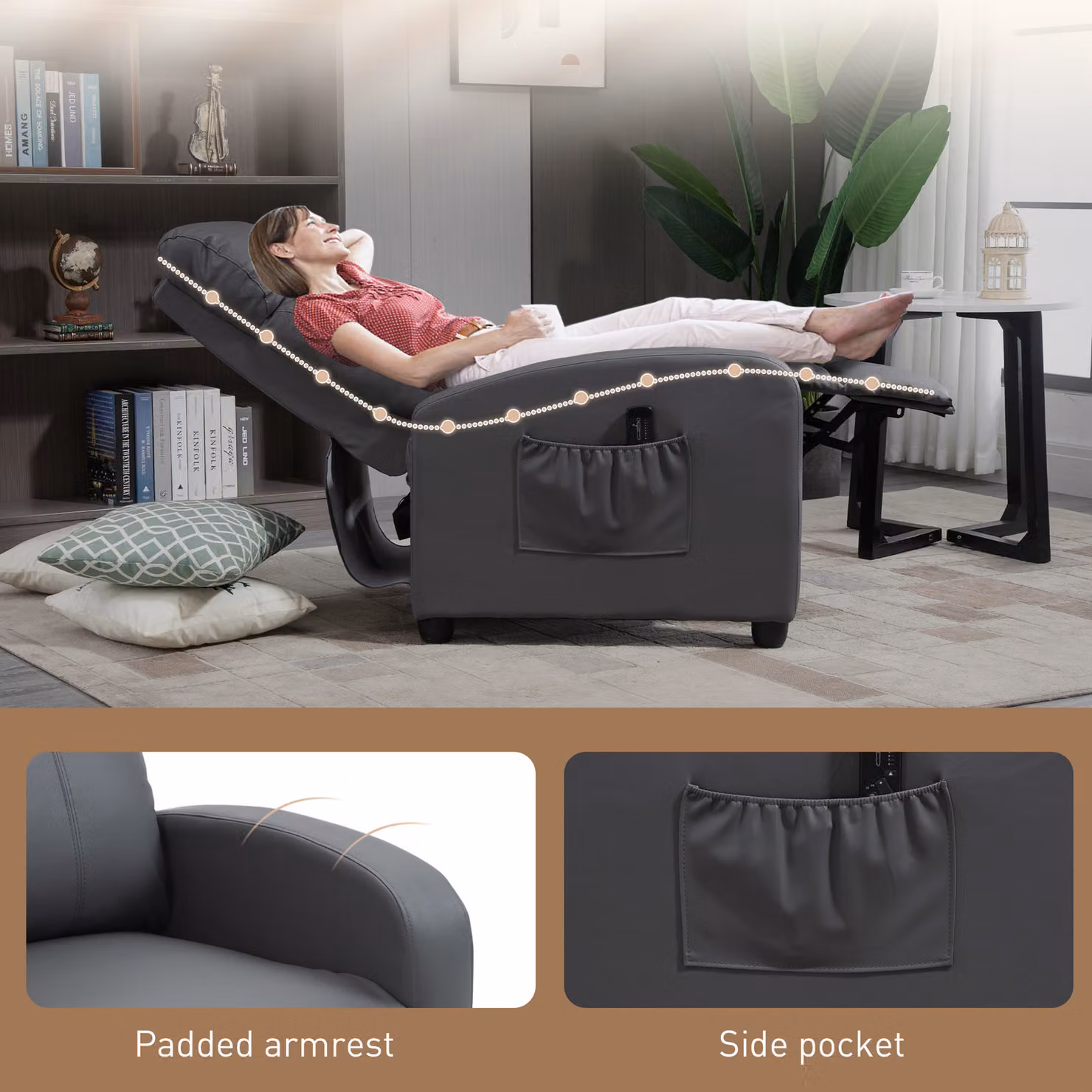 HOMCOM Reclining Massage Chair in Grey Faux Leather with Footrest and Remote Control – 5