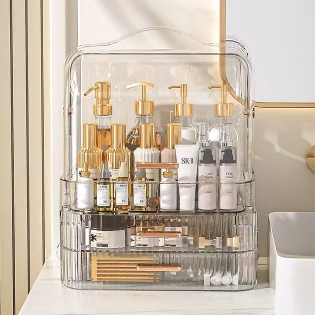 Livingandhome Transparent and White Plastic Cosmetic Organiser with Handles, W/D/H: 34.7 x 18.2 x 26.5 cm