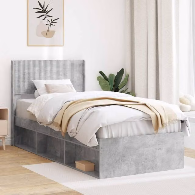 Berkfield Home Modern Bed Frame with Headboard and Side Compartment Storage, Grey, W/D/H: 90 x 200 cm