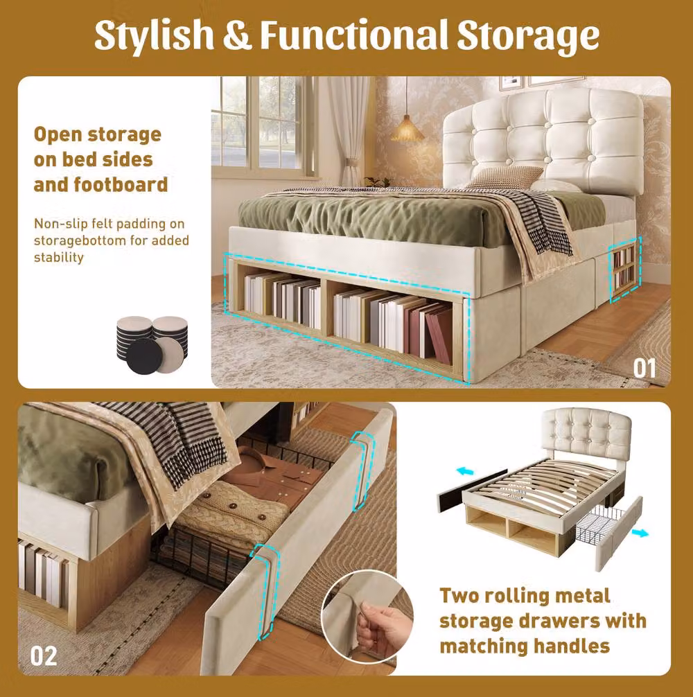STILVORA Single Upholstered Bed Frame with Storage Drawers, Beige, W/D/H: 90 x 190 cm – 5