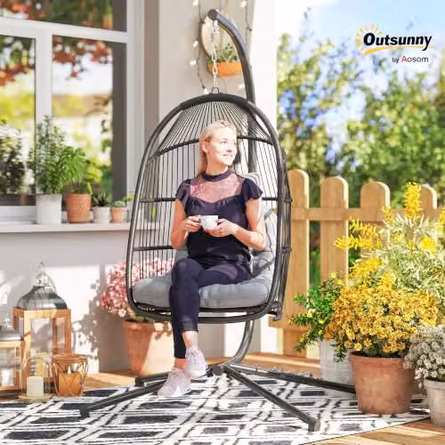 Outsunny Rattan Hanging Egg Chair with Stand and Cushions, Grey – 2