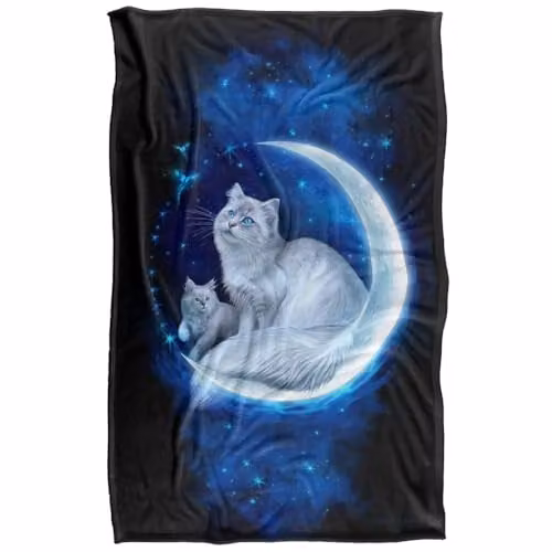JQ Licensing En Cat In The Moon Silky Touch Super Soft Fleece Throw Blanket, Blue, W: 91 cm, L: 147 cm