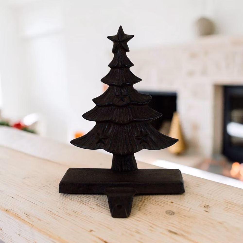 Four Candle Rustic Brown Cast Iron Christmas Tree Tabletop Stocking Holder – 2