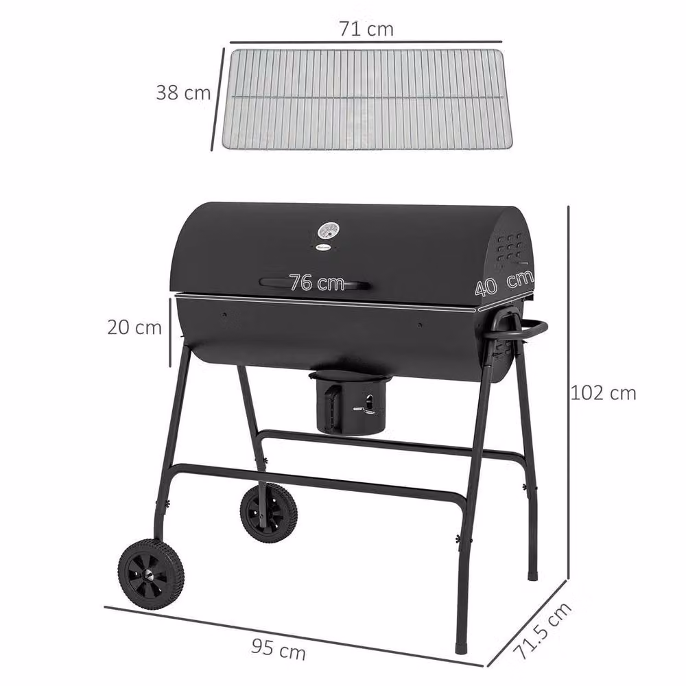 FLAVORA Barrel Charcoal Barbecue BBQ Grill Trolley with Warming Rack and Thermometer, Black, H x W x D: 102 x 71.5 x 95 cm – 2