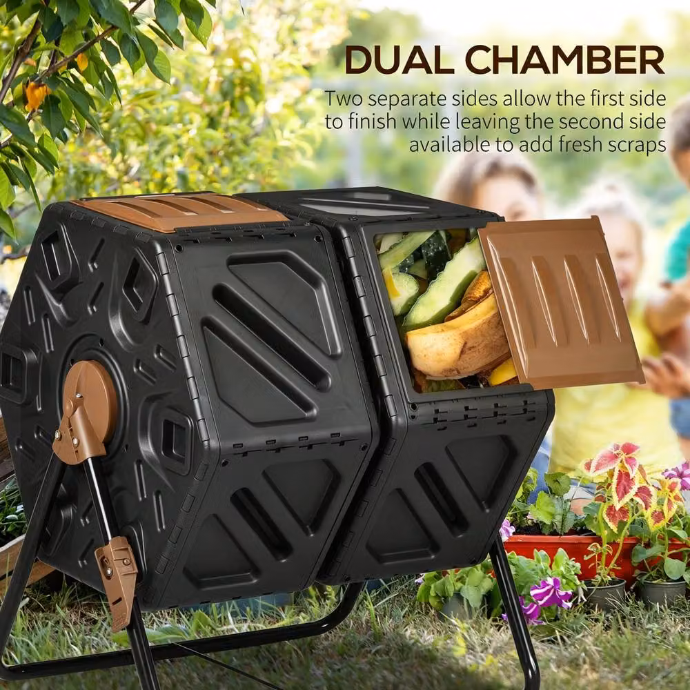 STILVORA Double Chamber Rotating Compost Bin with Flip Lid in Black – 6