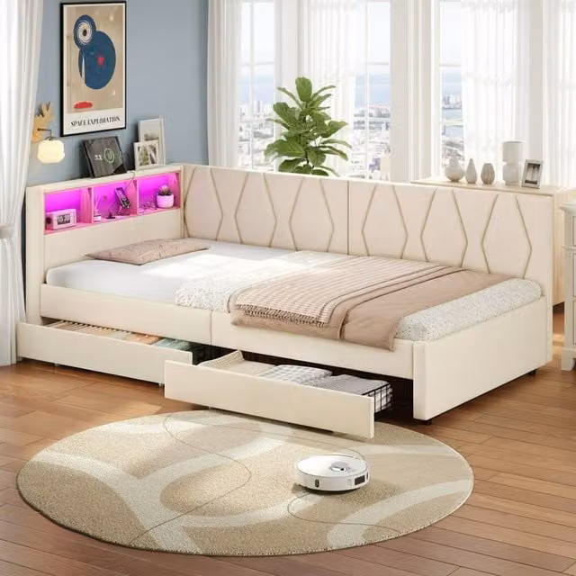BTM Single Daybed with Storage Drawers, LED Lighting and USB Charging Station in Beige, W/D/H: 90 x 190 cm – 1