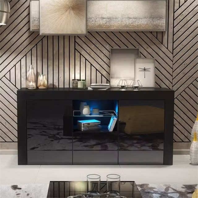 FORGEVIO Modern Black TV Unit Cabinet with Black Matt Body and Black Gloss Doors