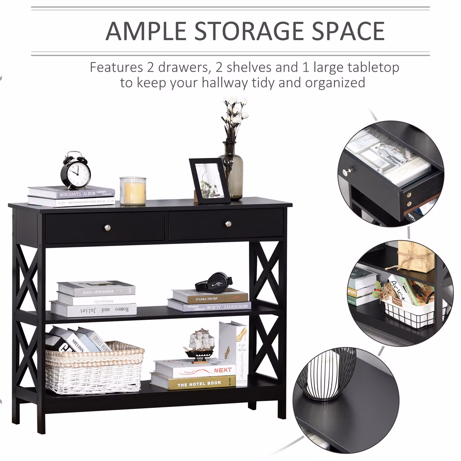 HOMCOM Black Console Table with Shelves, Drawers and X-Frame Support for Living Room, Hallway or Home Office – 4