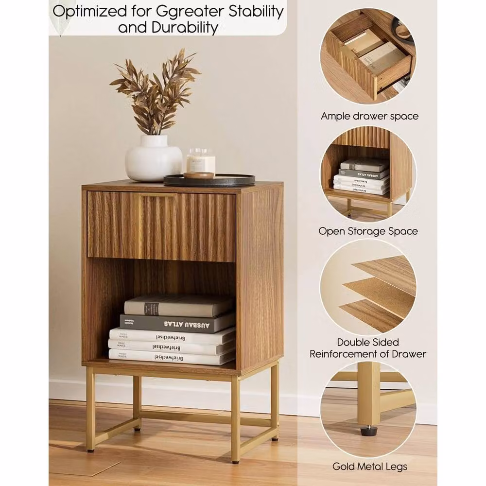 FORGEVIO Walnut Brown Fluted Bedside Table W: 39.0 cm, D: 29.0 cm, H: 61.5 cm – 3