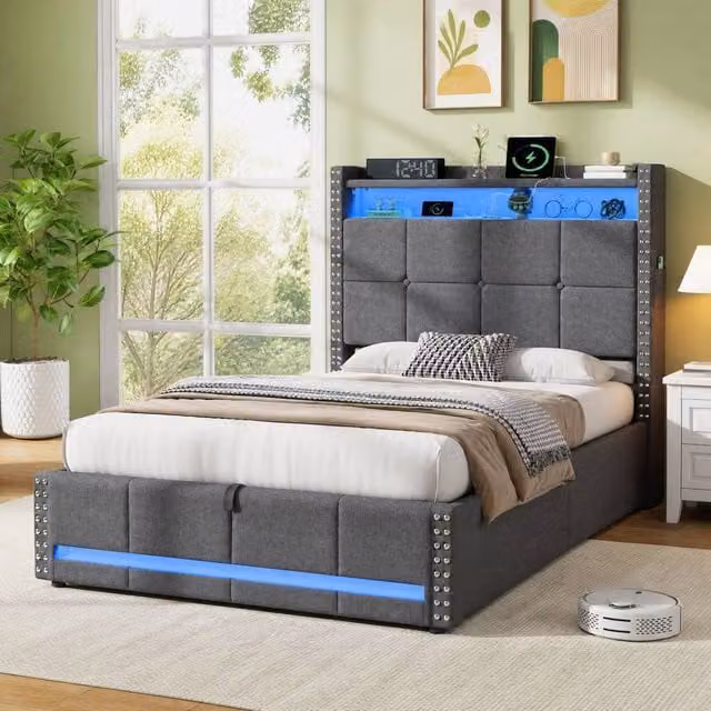 STILVORA Grey Single Ottoman Bed with LED Under-Bed Lighting and USB Charging Ports, W/D/H: 90 x 190 cm