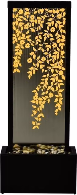 Primrose Art Nouveau Rectangular Tabletop Mirror and Water Feature with Flowering Vines Design and LEDs in Black