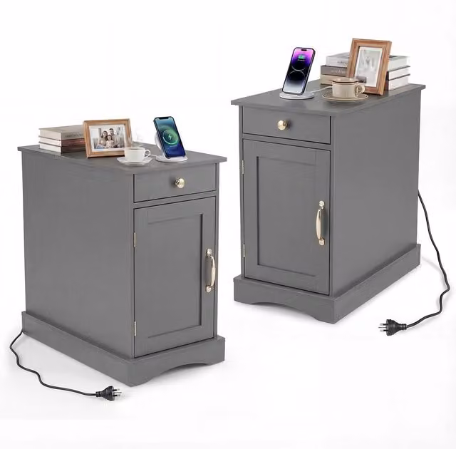 FLAVORA Narrow Grey Bedside Table with Charging Station – 1