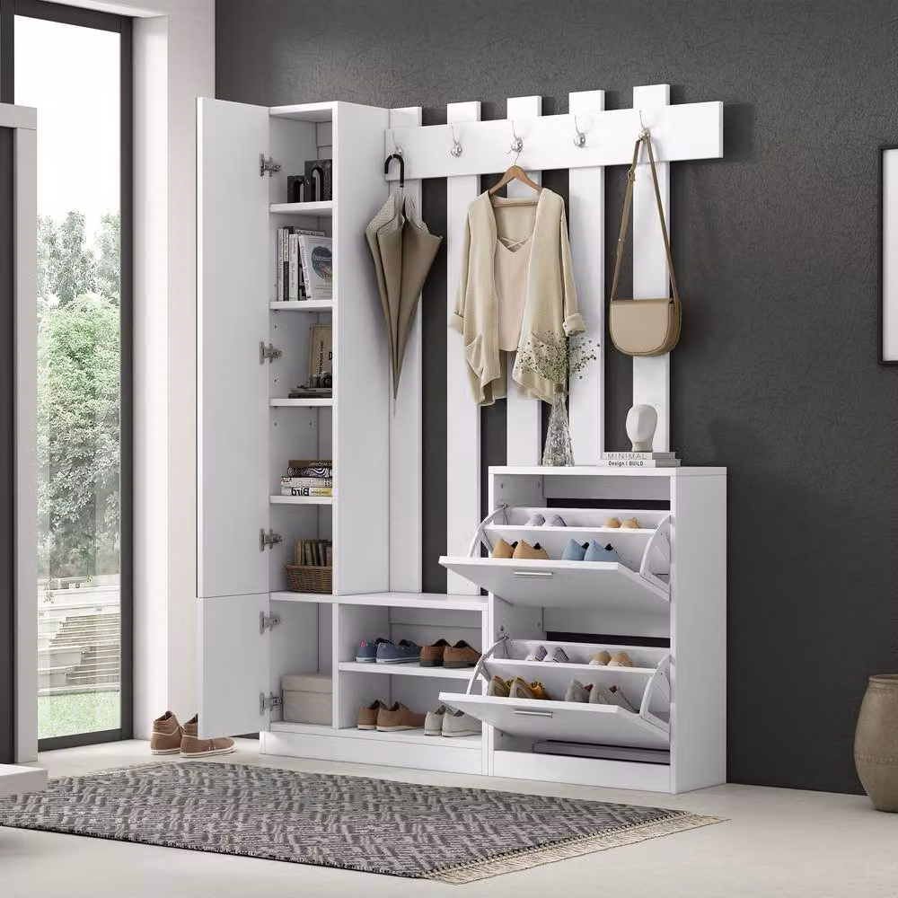 Rolipo 5-in-1 Modern White Hall Tree with Mirror and Shoe Storage Bench – 5