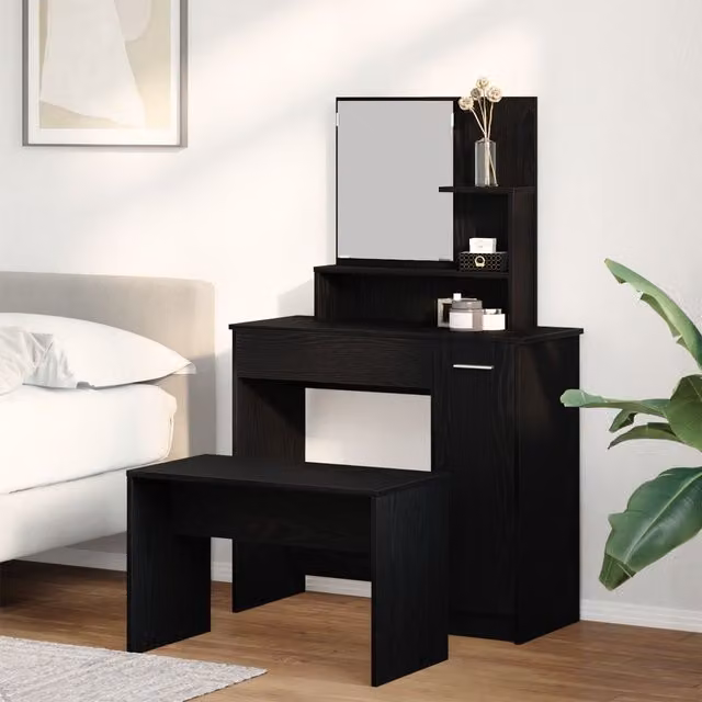 Berkfield Home Modern Black Oak Dressing Table Set in Matt Engineered Wood – 1