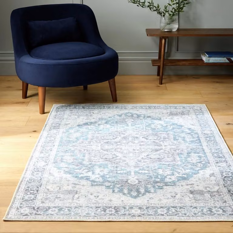 Blue Vintage Effect Distressed Turkish Style Rectangular Rug, W: 160 cm, L: 230 cm