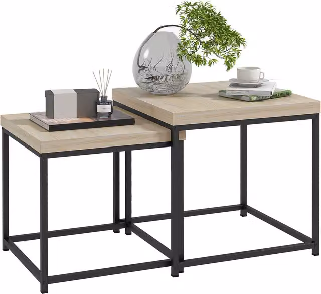 HOMCOM Nest of 2 Coffee Tables in Oak with 3.5cm Thick Composite Tops – 1