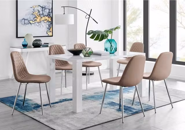 FurnitureboxUK Pivero White High Gloss Rectangular Dining Table and 6 Corona Silver Chairs in Cappuccino