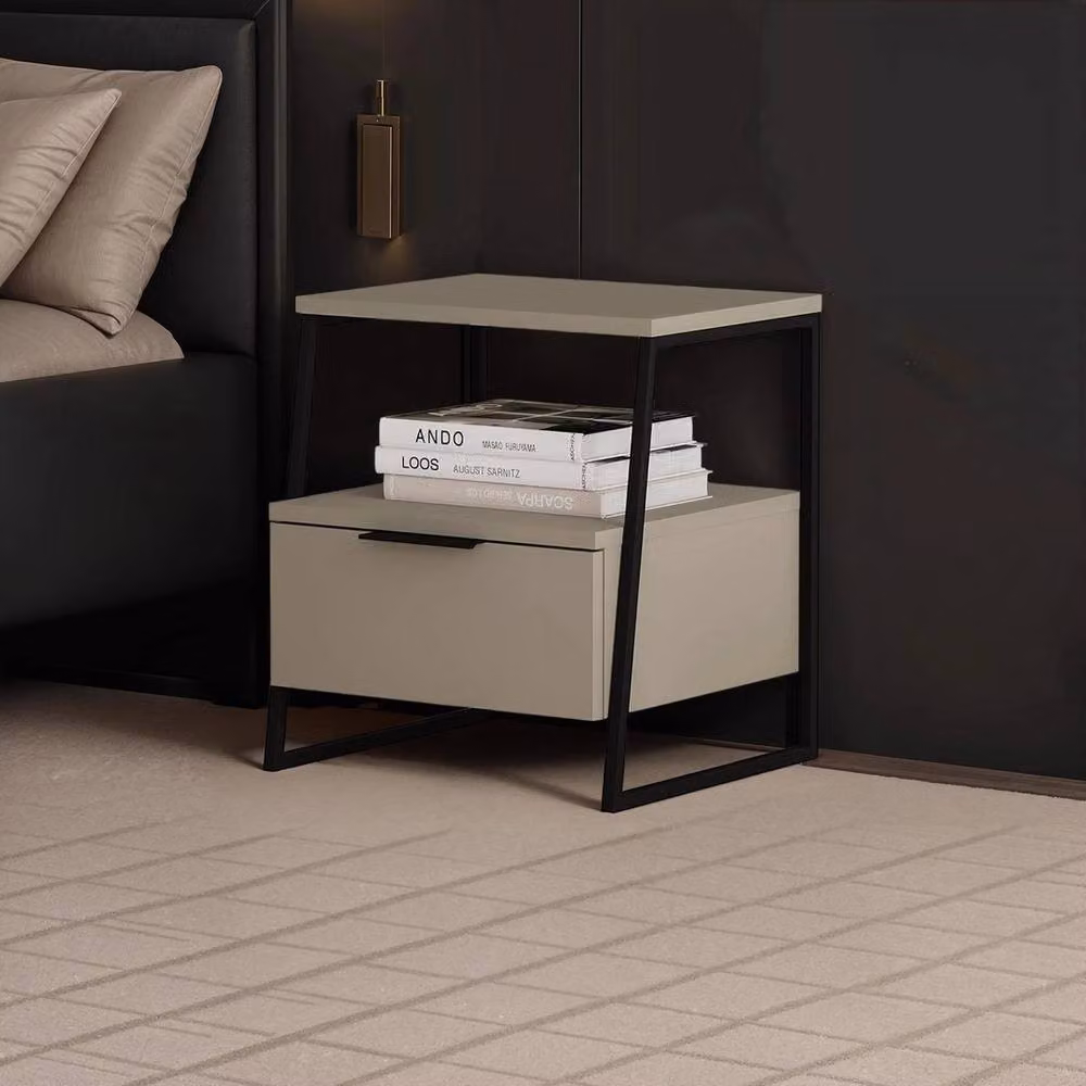 VOGREX Ash Green 1 Drawer Nightstand with Black Metal Frame in Grey – 4