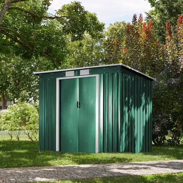 tectake Pent Shed with Slanted Roof and Sliding Doors in Green and White Galvanised Steel