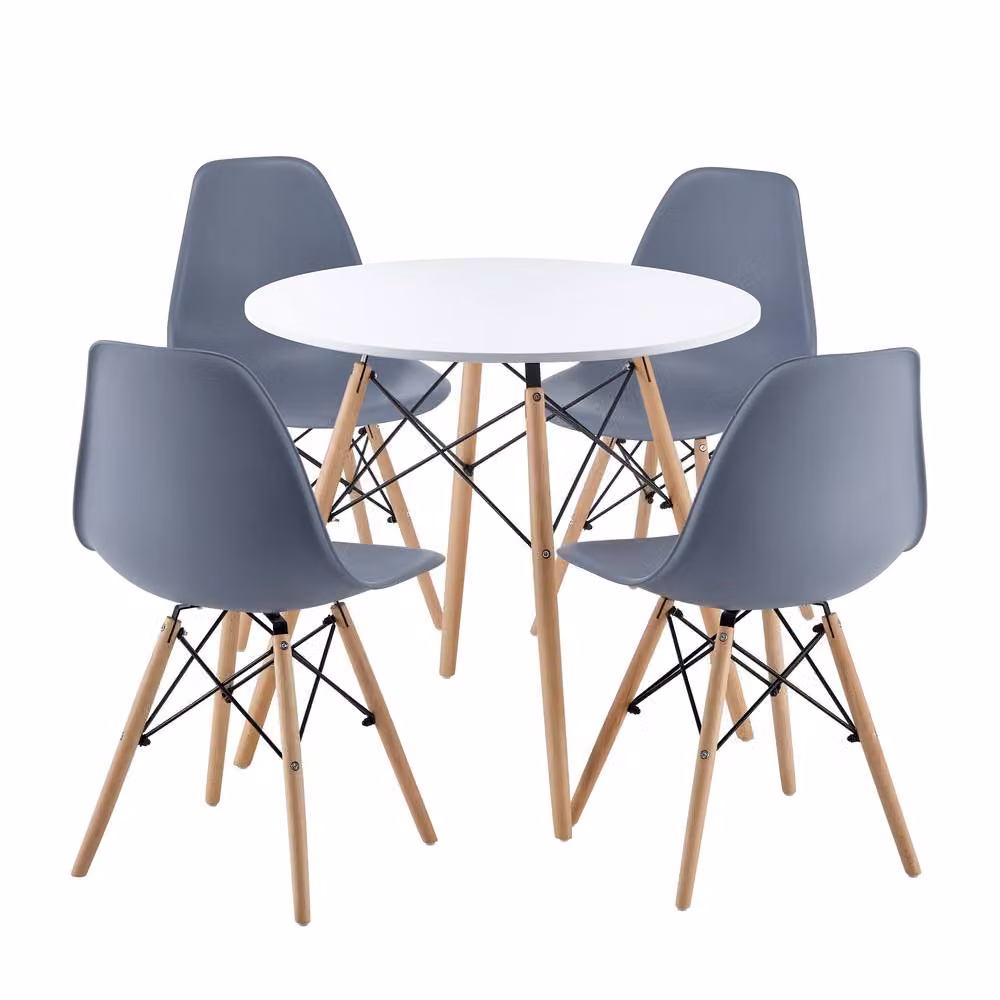 Comfy Living Ltd 5 Piece Mid-Century Dining Set with Round White Wooden Table and 4 Grey Chairs – 2