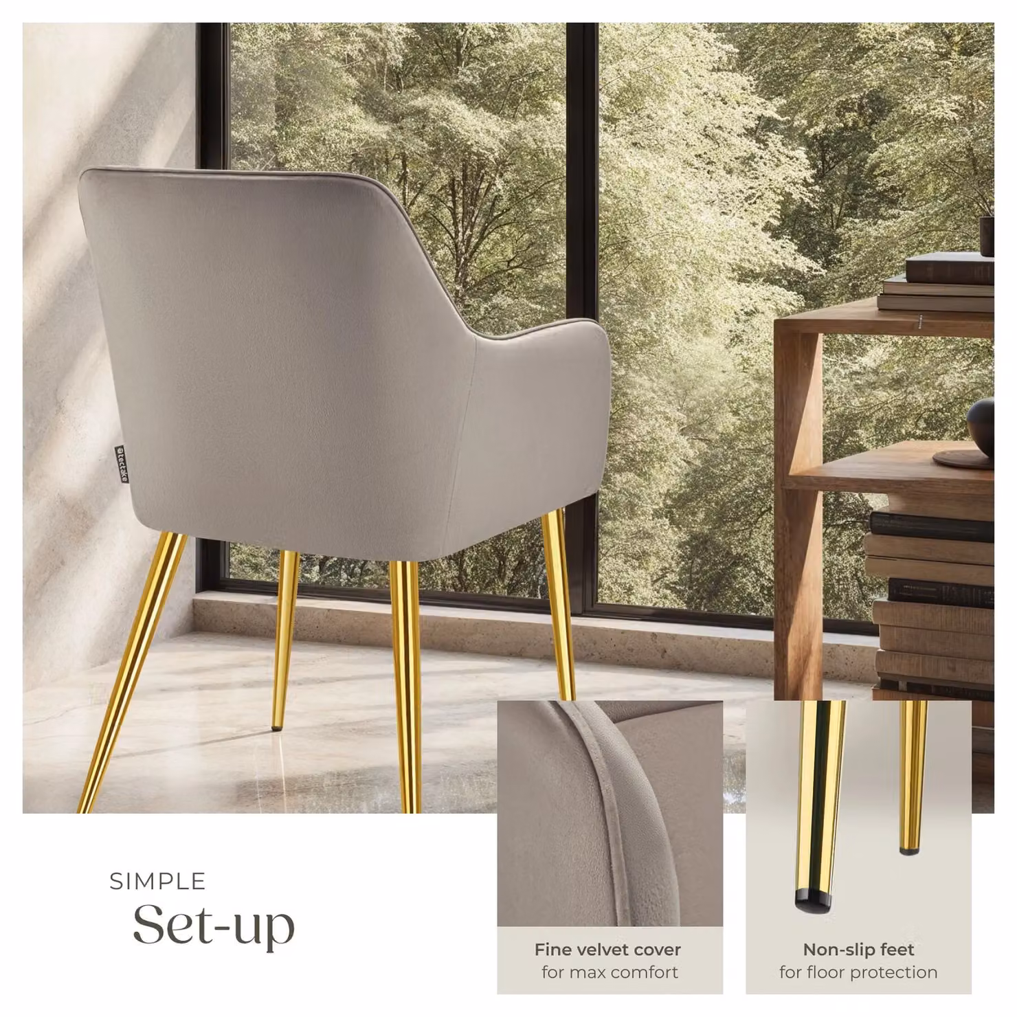 tectake Set of 4 Modern Velvet-Look Dining Chairs with Armrests in Beige and Gold – 7