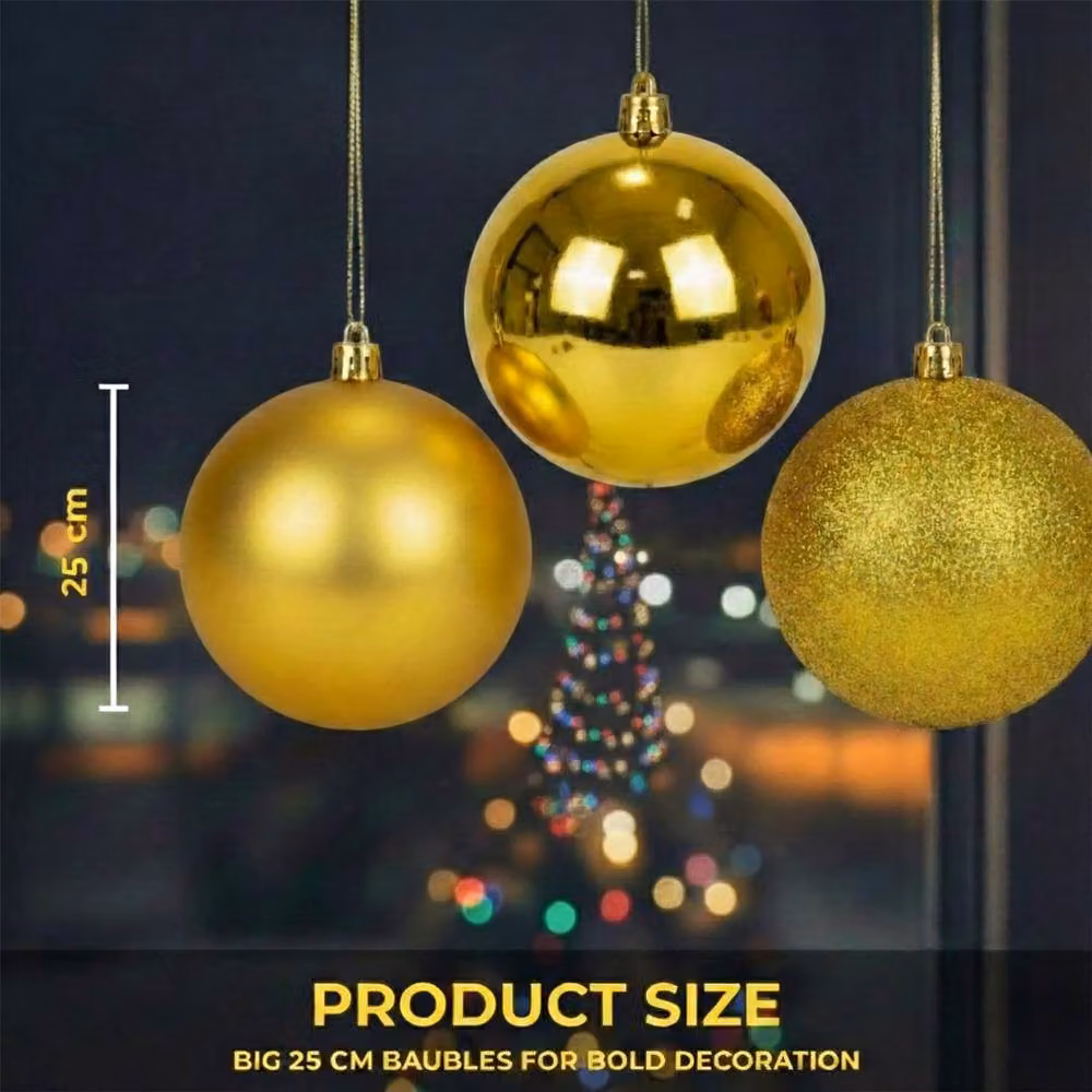 Shatchi Set of 3 Gold Christmas Baubles, 25 cm Diameter, Glossy, Matte and Glitter Finishes – 4