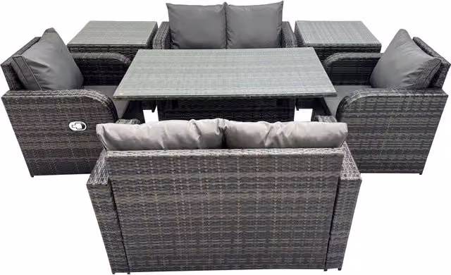 Fimous 6-Seater PE Rattan Garden Sofa and Dining Set in Dark Grey Mixed