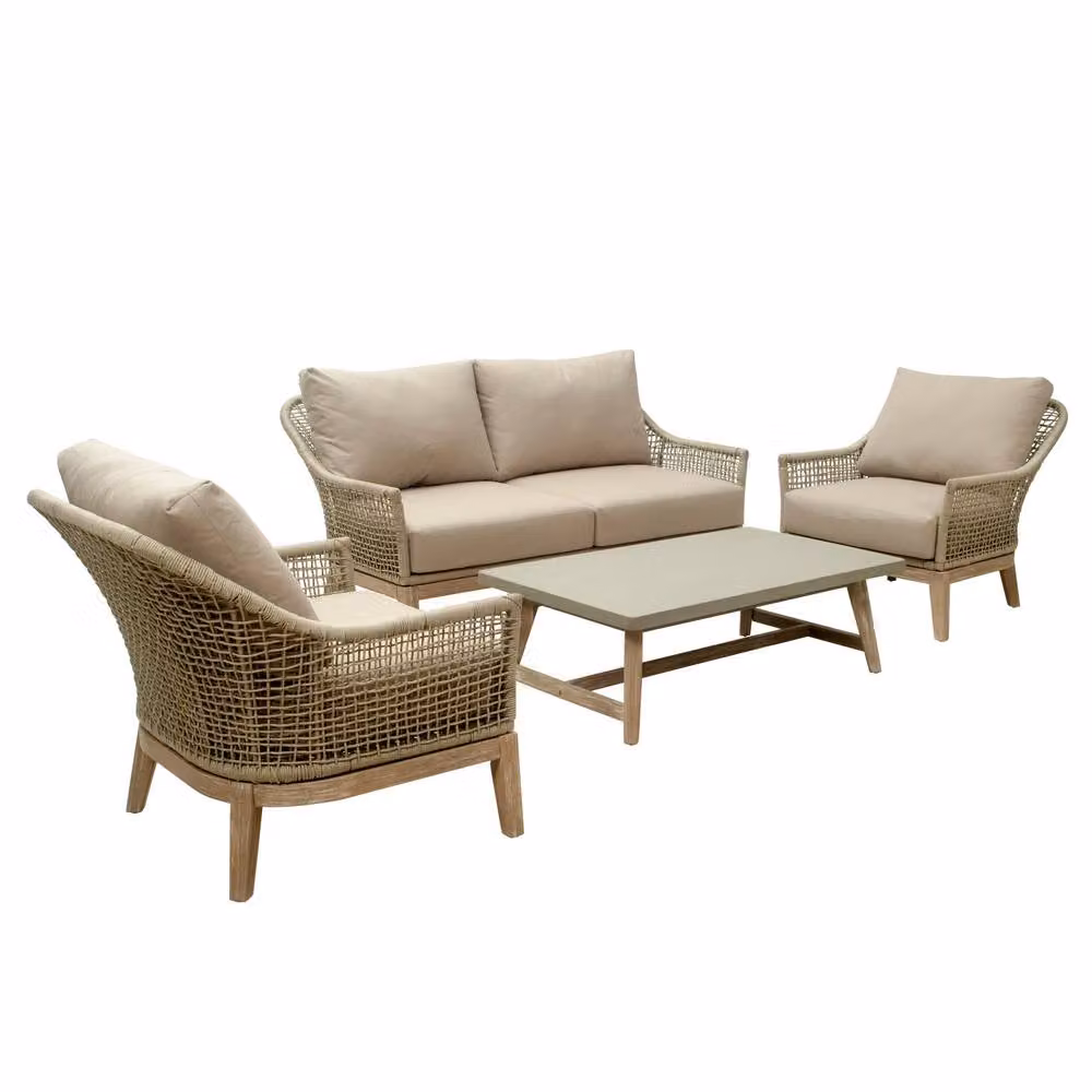 Dibor 4-Piece Woven Garden Sofa Set with Cushions and Coffee Table in Natural Sand and Beige – 2