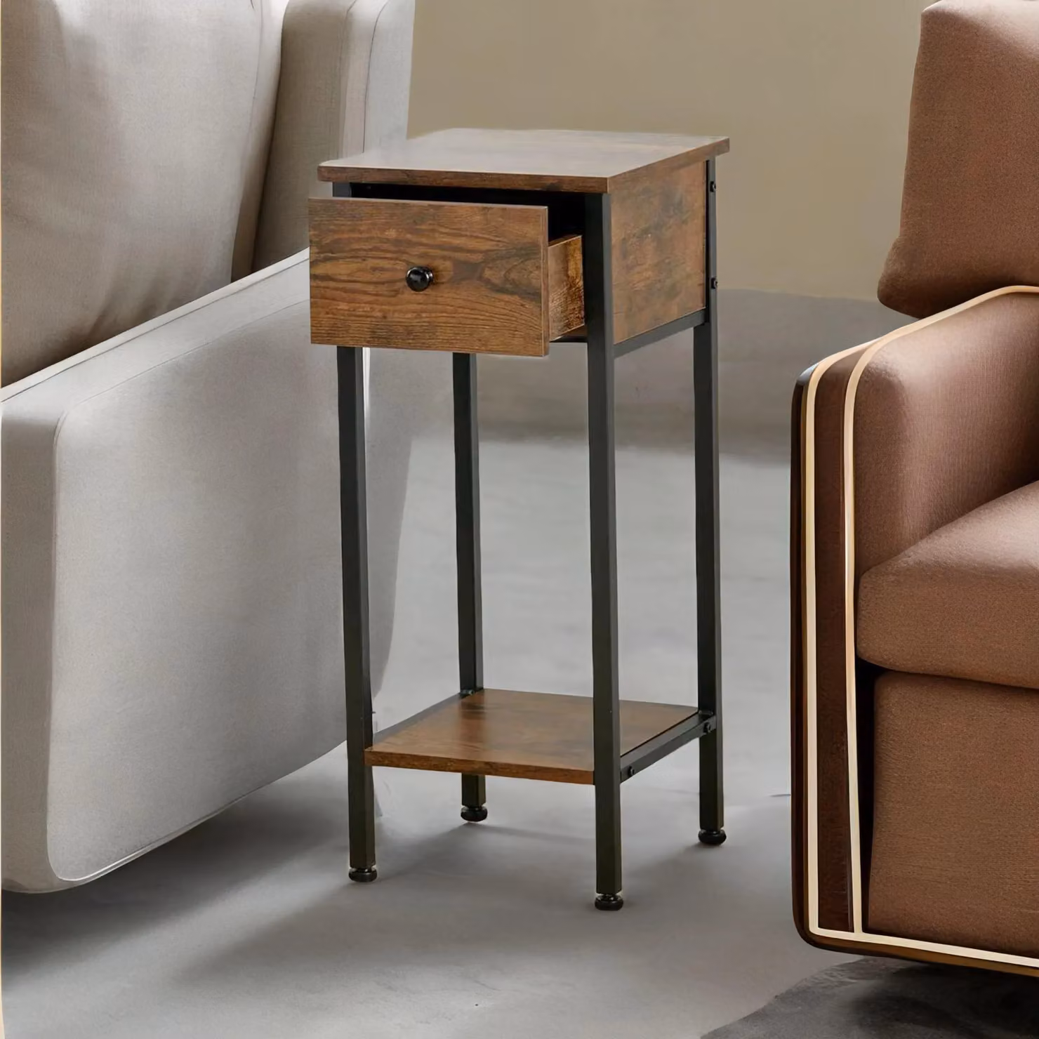 Rafaelo Mobilia Industrial Narrow Bedside Table with Drawer in Brown and Black, H: 70 cm, W: 30 cm, D: 30 cm – 3